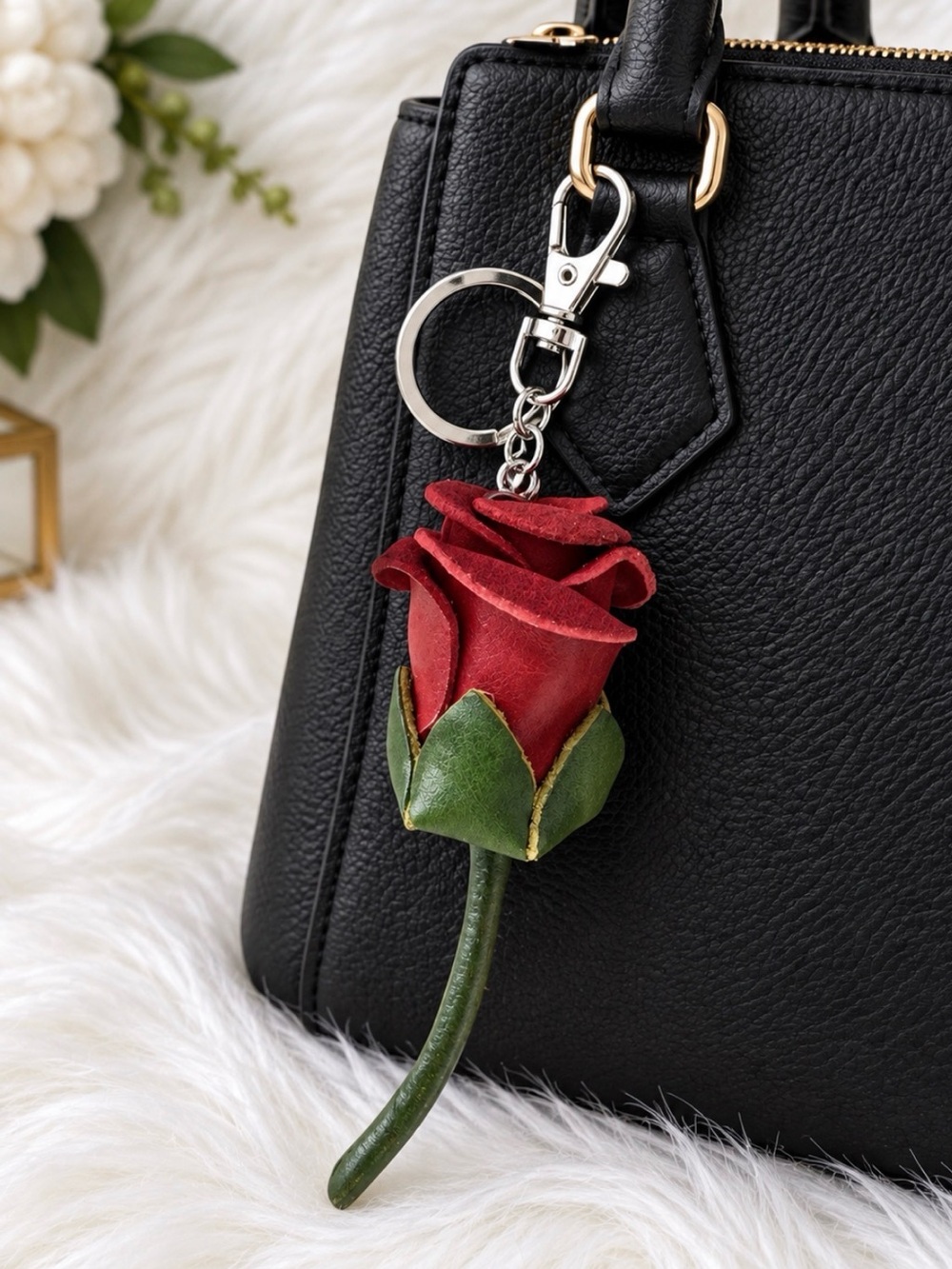 Leather Rose Flower Keychain Bag Charm Key Ring handmade gift new